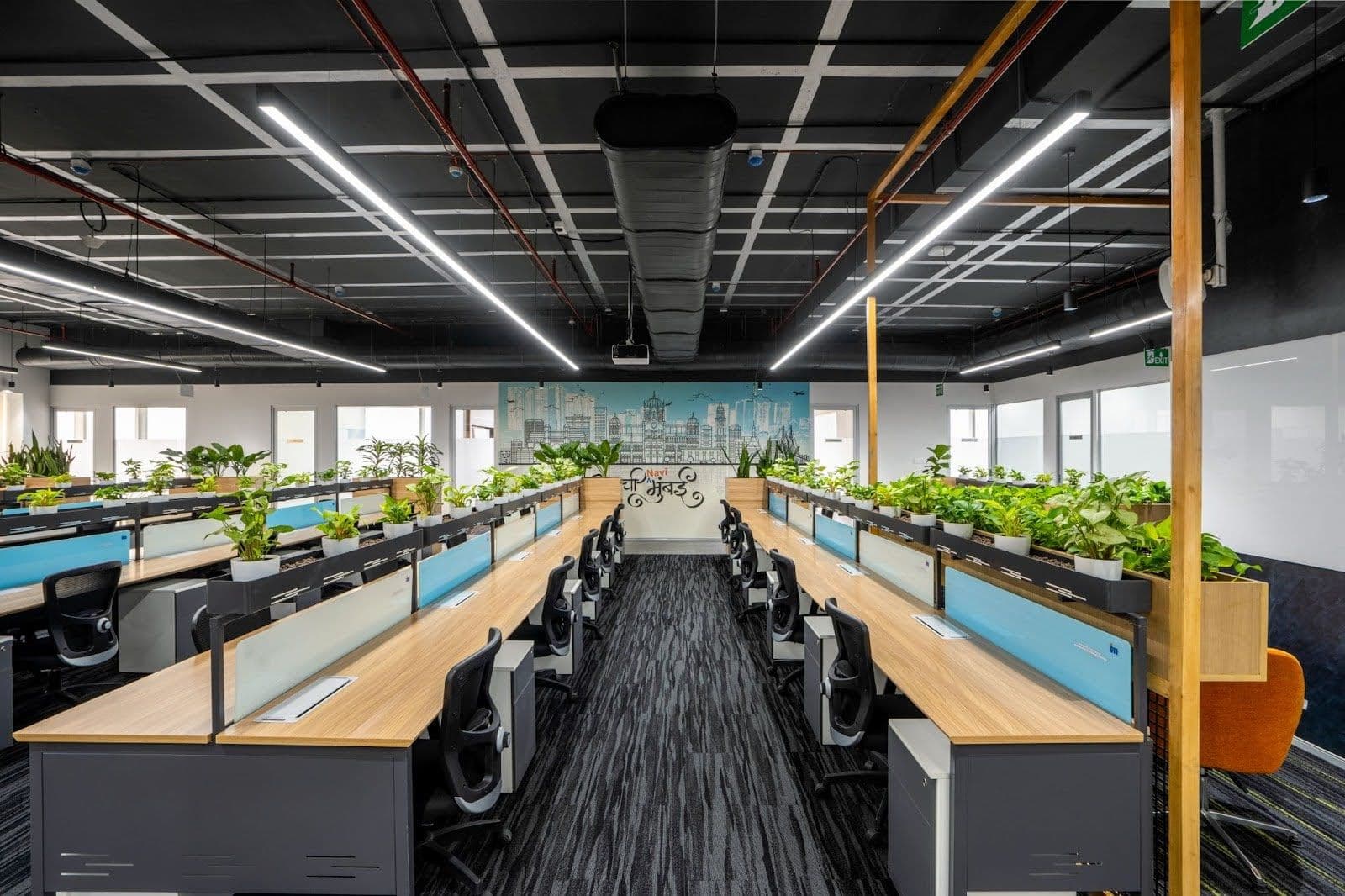 Office with natural light and indoor plants for biophilic design